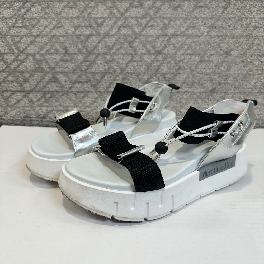 NeroGiardini Women‎ Silver Black Platform Sandals Chunky Sole Made in Italy 36